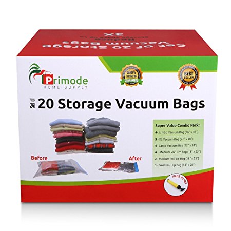 Primode 20 Count Space Saver Vacuum Storage Bags - Saves Space and Protects Clothing Easy-to-Use