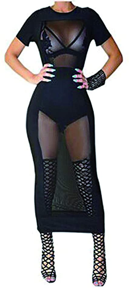 Zeagoo Women Sexy See Through Mesh Dress Short Sleeve Midi Bodycon Party Club Dress Cover Ups for Women S-3XL