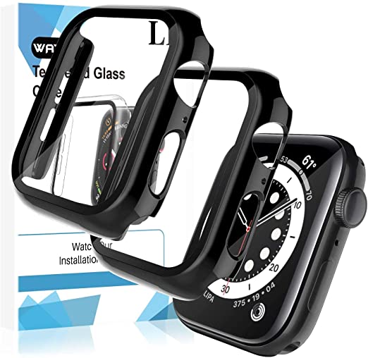 LK [2 Pack] Case for Apple Watch Series 6 / SE 44mm Built-in Tempered Glass Screen Protector,[Model No. TCB961] Hard PC Protector Cover for Apple Watch Series 6 / SE 44mm (Plating Black)