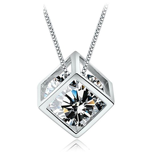 Cubic Zirconia Simulate Diamond Pendant Necklace, Cat Eye Jewels S925 Sterling Silver Round Cut Clear CZ Diamond 16inch Chain with 5cm Extension Chain