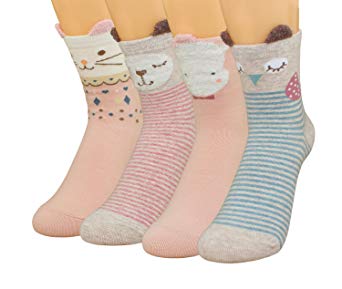 Girl Cartoon Socks,Animal Cats Dogs Pattern Cute Cotton Novelty Crew Socks 4 Pairs-Gift Idea