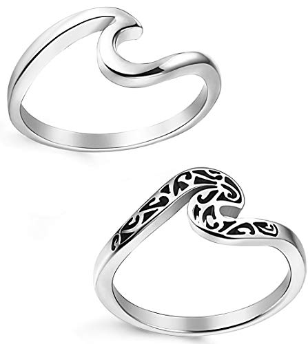 LOLIAS 2 Pcs Stainless Steel Beach Rings for Women Girls Ocean Wave Ring,Size 5-11