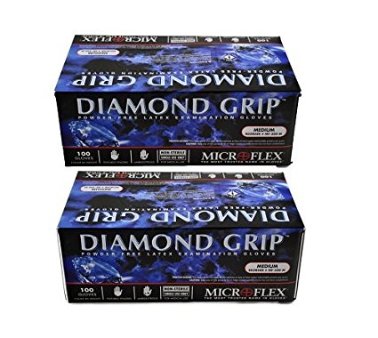 Microflex MF300M (2 Pack) Diamond Grip Latex Gloves, Size Medium, Pack of 200 Gloves