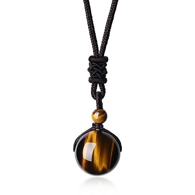 AmorWing Unisex Natural Round Tiger Eye/Obsidian/Malachite/Clear Quartz Beads Pendant Adjustable Necklace