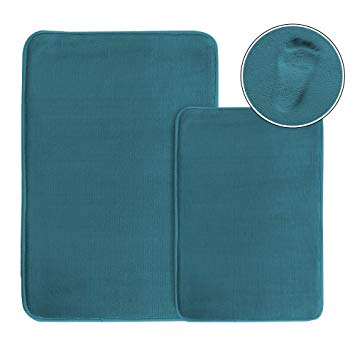 Original Memory Foam Bathroom Rug Set Soft Thick Flannel Velvety Bath Mats for Bathroom Non Slip Absorbent Toilet Floor Rugs, Machine-Washable (2 Pack - 20" x 32" and 17" x 24", Dark Teal)