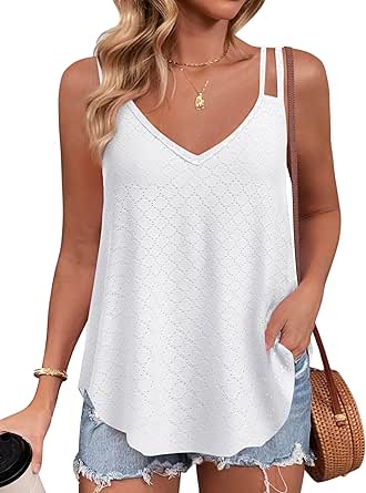 Zeagoo Flowy Tank Tops for Women Spaghetti Strap Eyelet Embroidery Loose Fit V Neck Sleeveless Casual Summer Tank Tops