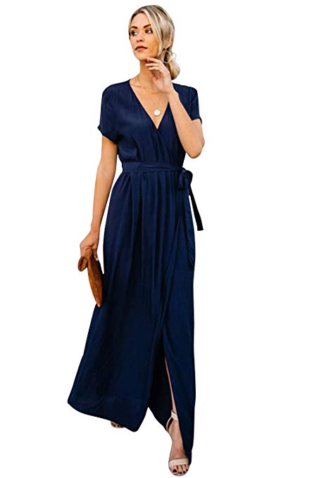 Hiistandd Women's Summer Casual Long Dresses V-Neck Short Sleeve Maxi Dress Solid Split Side with Belt