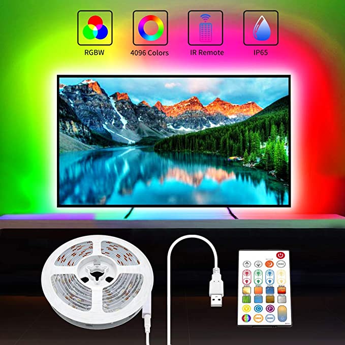 TV Backlight 8.3ft Waterproof 5050 RGBW LED Strip Lights with Remote for 42-50in TV 5V USB LED Tape Light 4096 Colors Changing LED Lights for Monitor Theater Office Home Bedroom Desk Ambient Lighting