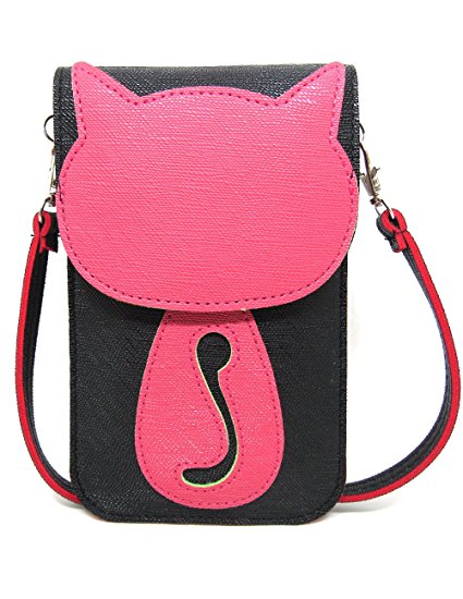 PU Leather Cute 3D Cat Design Vertical Cellphone Pouch Bag Mini Shoulder Bag Crossbody Bag for Apple iPhone Samsung Galaxy and 6.3 Inch Other Smartphone Black