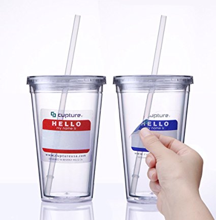 Cupture® Classic Insulated Double Wall Tumbler Cup with Lid, Reusable Straw & Hello Name Tags - 16 oz, 2 Pack (Clear)