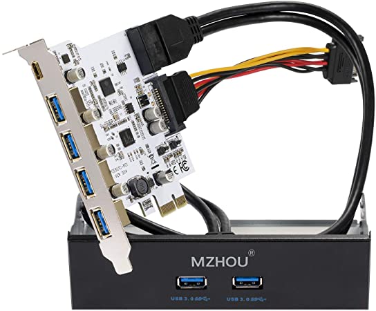 MZHOU 7 Ports PCI-E to USB 3.0 Expasion Card (Type C1&A6),with 19-Pin SATA Power Connector Superspeed up to 5Gbps,Include The Front Panel Bay and 1 Power Supply Cables,for Window 7/8/10/XP/Vista …