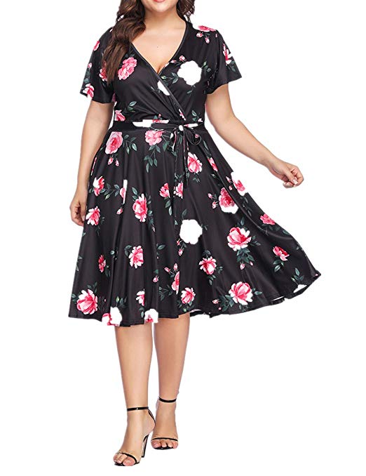 SELUXU Women's Plus Size Dresses Casual Midi Deep V Cross Short Sleeve Fashion Floral Summer Dress XL-5XL