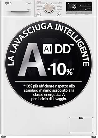 LG AI DD D4R7011TSWG Lavasciuga 11/6kg, Serie R7, Classe A-10%/D, Lavatrice Asciugatrice, 1400 Giri, TurboWash 360, Vapore, Allergy Care, Eco Hybrid, Wi-Fi, Bianca