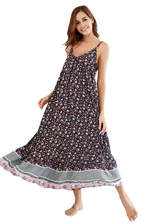 Buenos Ninos Women's V Neck Floral Maxi Dress Boho Printed Adjustable Spaghetti Strap Ethnic Beach Long Dress with Pockets
