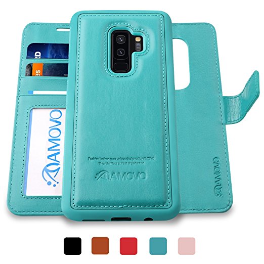 AMOVO Galaxy S9 Plus Case [2 in 1], Samsung Galaxy S9 Plus Wallet Case [Detachable Wallet Folio] [Premium Vegan Leather] Samsung S9 Plus Flip Case Cover with Gift Box Package (Aqua, S9 )