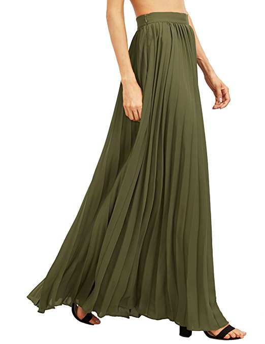 ROMWE Women's Retro Vintage Summer Chiffon Pleat Maxi Long Skirt Dress