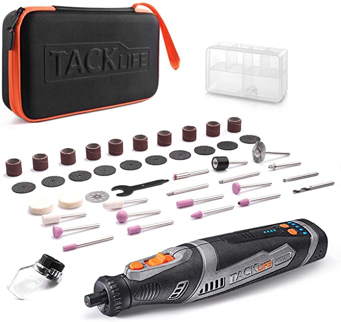 TACKLIFE 8V Cordless Rotary Tool 2.0Ah Li-ion Power Battery 5-Speed Multi-Functional Tool with 43 Pcs Rotary Accessory Kit, Shield Attachment, USB Cable for Grinding,Sharpening,Sanding,Cleaning,Polishing, Ideal Gift for Father's Day | RTD02DC