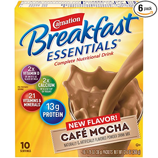 Carnation Breakfast Essentials Powder Drink Mix, Café Mocha, 10 Count Box of 1.26 oz Packets, 6 Pack