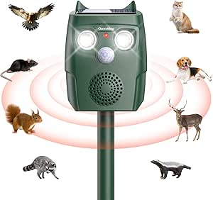 Animal Deterrent, Solar Powered Animal Deterrent Devices, Outdoor Bird Deterrent with Flashing Light for Deer Skunk Squirrel Raccoon Deterrent Cat Deterrent for Farm Yard Sound Frequency 18kHZ