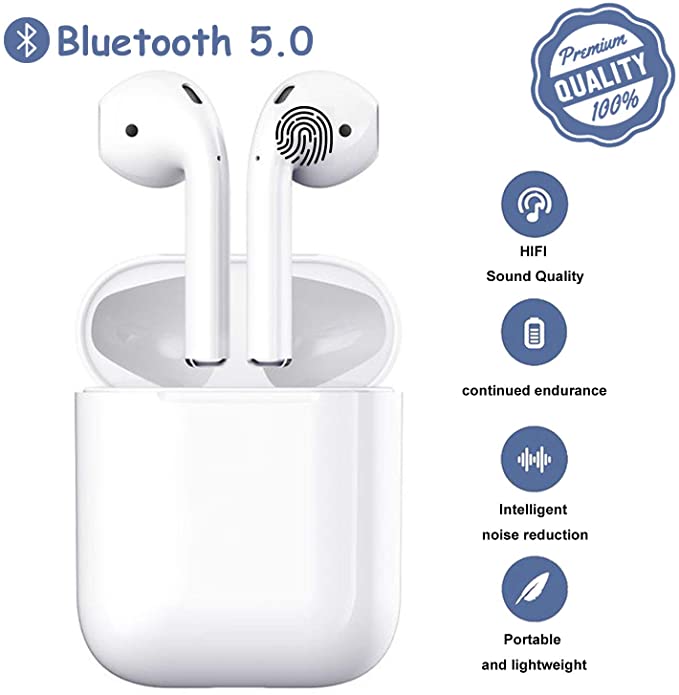 Bluetooth 5.0 Headsets in Dual Mic,20H Cycle Playtime in-Ear True Wireless Earbuds,with Hi-Fi Stereo,Button Control,IPX5 Waterproof Sports Headset,Auto Pairing for iPhone Airpods Airpod/Android