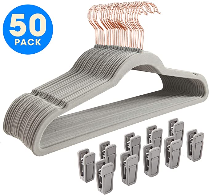 Finnhomy Heavy Duty 50 Pack Clothes Hangers with 10 Multiple Use Finger Clips, Non-Slip Sturdy Velvet Hangers, Durable Slim-Line Clothing Hangers with Copper/Rose Gold Hook, Gray