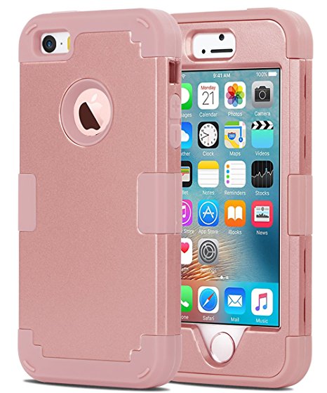 iPhone 5 Case, iPhone 5S Case, iPhone SE Case, BENTOBEN Three Layers Hybrid Hard PC Shell & Soft Silicone Shockproof Anti-Scratch Combo Case Protective Cover for iPhone 5 5S SE, Rose Gold