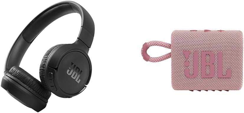 JBL Tune 510BT: Wireless On-Ear Headphones with Purebass Sound - Black & Go 3: Portable Speaker with Bluetooth, Built-in Battery, Waterproof and Dustproof Feature - Pink