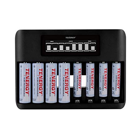 Tenergy TN480U 8-Bay LCD Display Fast Charger for NiMH AA AAA Rechargeable Batteries with 4pcs 2500mah AA and 4pcs 1000mah AAA Rechargeable Batteries