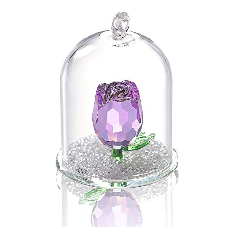 H&D Crystal Enchanted Rose Flower Figurine Dreams Ornament in a Glass Dome Gifts for her (Purple)