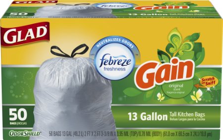 Glad OdorShield Tall Kitchen Drawstring Trash Bags, Gain Original, 13 Gallon, 50 Count