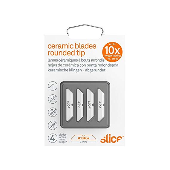 Slice 10404 Pointed Tip, 4 Replacement Ceramic Blades, for Slice Box Cutters, Stays Sharp up to 11x Longer Than Steel Blades, Finger Friendly