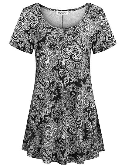 Ouncuty Women's Scoop Neck Blouse Short Sleeves Casual Dressy Floral Tunic Tops