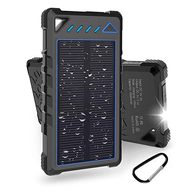 Hobest Solar Charger Power Bank 10000mAh,Waterproof Outdoor Solar Power Bank with LED Flashlight,Dual USB Portable Charger Solar for Smartphones,GoPro Camera,GPS and Emergency Travel (Blue)