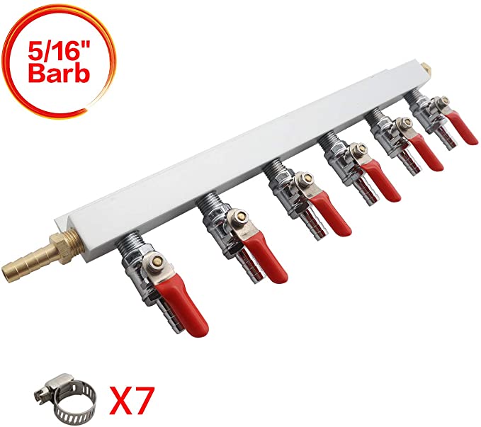 Gas Manifold, Beer Gas Distributor, Air Distributor CO2 Manifold - Splitter 5/16" Barb Fittings (6 way 5/16" Barb)