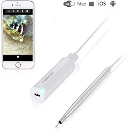 Supereyes Wireless WiFi Digital Otoscope Endoscope Microscope Ear Pick - 2019 Stainless Curette Earwax Removal Kit - Ear Scope Ear Inspection Camera - with LED Lights for iOS & Android