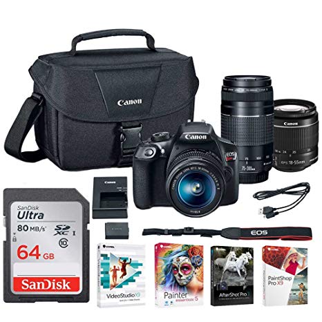 Canon EOS Rebel T6 DSLR Camera with 18-55mm and 75-300mm Lenses and Bag   64GB Memory Card and Software Bundle