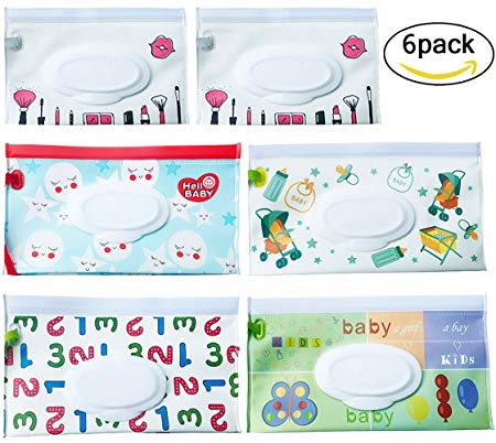 Reusable Wet Wipe Pouch [Set of 6] - Dispenser for Baby or Personal Wipes - Wet Wipe Portable Travel Cases (Cartoon)