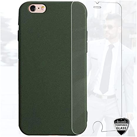 DICHEER iPhone 6 Case, iPhone 6s Case with Glass Screen Protector, Matte TPU Cover Soft Silicone Hunter Green Design for Men,Women,Girls,Shockproof Anti Scratch Phone Case for iPhone 6 6s 4.7 inch