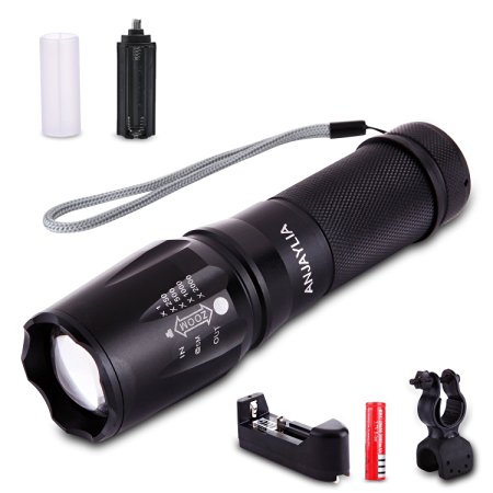ANJAYLIA 2000 Lumens Cree XM-L T6 LED Zoomable Handheld Flashlight 5 Modes Water Resistant & Adjustable Focus Tactical Torch (With Battery Charger and Rechargeable Battery)