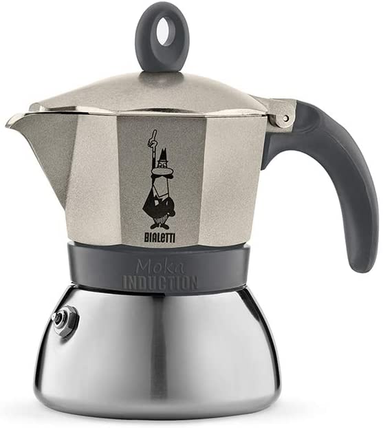 Bialetti 4823 Moka Induction Espresso Maker, stainless steel, 3 cups, light champagne color