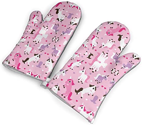 Pink Unicorn Horse Love Pink Kitchen Oven Mitts, Cotton Long Microwave Oven Gloves, Extreme Heat Resistant 572 Degrees Nonslip Gloves for Potholders Cooking, BBQ, Frying, Baking (1 Pair)