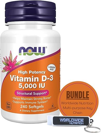 NOW Supplements, Vitamin D-3 5,000 IU, High Potency, Structural Support*, 240 Softgels with Worldwide Nutrition Keychain