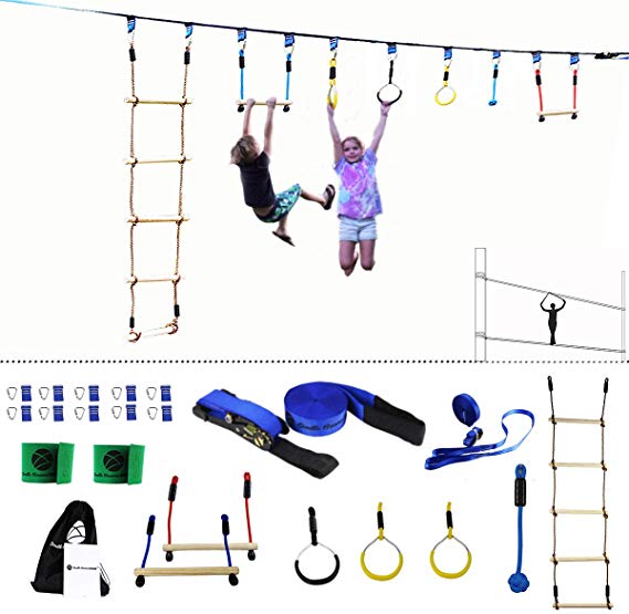 Gentle Booms Sports Ninja Line Obstacle Course Kit Monkey Bar Kit 56 Foot, Kids Slackline Hanging Obstacle Course Set, Extreme Training Equipment for Outdoor Play, Family Paly Together