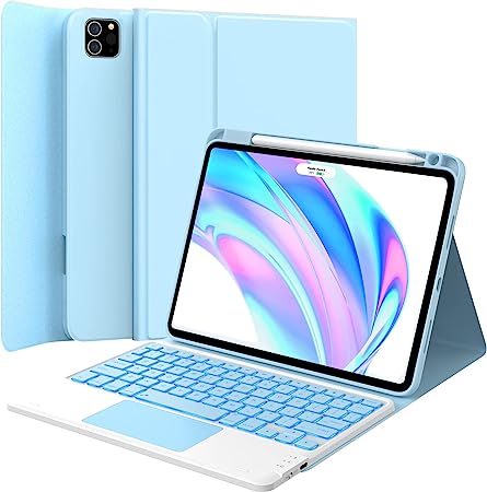 GreenLaw iPad Pro 11 inch Case with Keyboard, Stain Resistant Cover, 7-Color Backlit, Smart Touchpad, 2 Device Connection, for iPad Pro 11 (4th/3rd/2nd/1st Gen), Light Blue