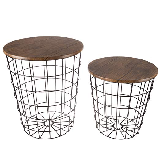 Lavish Home 80-ENDTBL-2 (Set of 2 Nesting End Storage Convertible Round Metal Basket Wood Veneer Top Accent Side Tables, Black