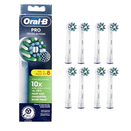 Oral-B Pro Cross Action Electric Toothbrush Head, X-Shape and Angled Bristles for Deeper Plaque Removal, Pack of 8 Toothbrush Heads, White