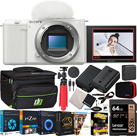 Sony ZV-E10 Mirrorless Alpha APS-C Interchangeable Lens Vlog Camera (Body, White) ILCZV-E10/W Bundle with Deco Gear Photography Case   Extra Battery   Photo Video Software & Accessories Kit