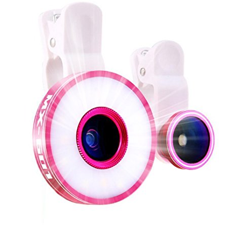 Selfie Ring Light 12 LED, GTIMES™ Rechargeable Selfie Light Portable Fill Light 185° Fish Eye Lens 0.65X Wide Angle Lens 10X Macro Lens for iPhone Smartphones (Rose red)