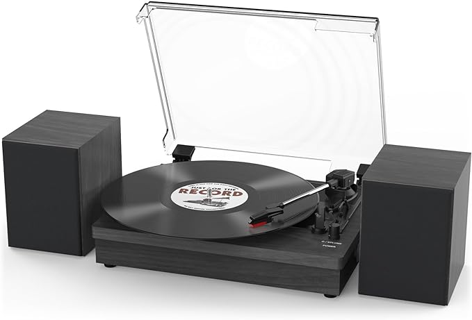 WOCKODER Record Player with Speakers, 3-Speed Vinyl Record Player with Dual Stereo Speakers Support Wireless Connection RCA Output Aux in USB Vintage Design Turntable Black, R612