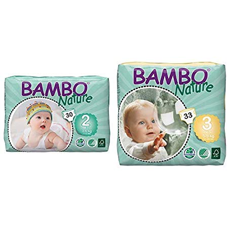 Bambo Nature Eco Friendly Baby Diapers Classic for Sensitive Skin, Size 2 (7-13 lbs), 30 Count and Bambo Nature Eco Friendly Baby Diapers Classic for Sensitive Skin, Size 3 (11-20 lbs), 33 Count